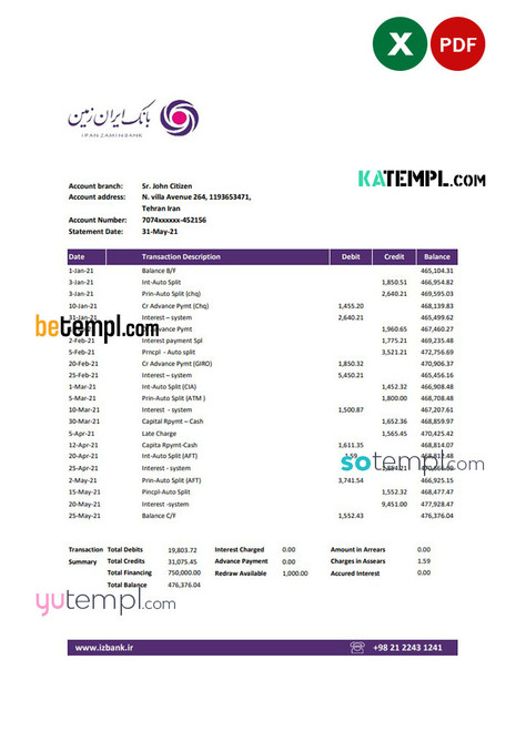 Iran Zamin Bank statement template in Excel and PDF format