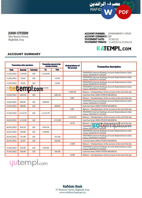 Iraq Rafidain proof of address bank statement in Word and PDF format