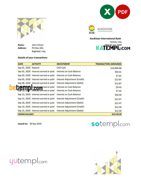 Iraq Kurdistan International Bank proof of address statement template in Excel and PDF format