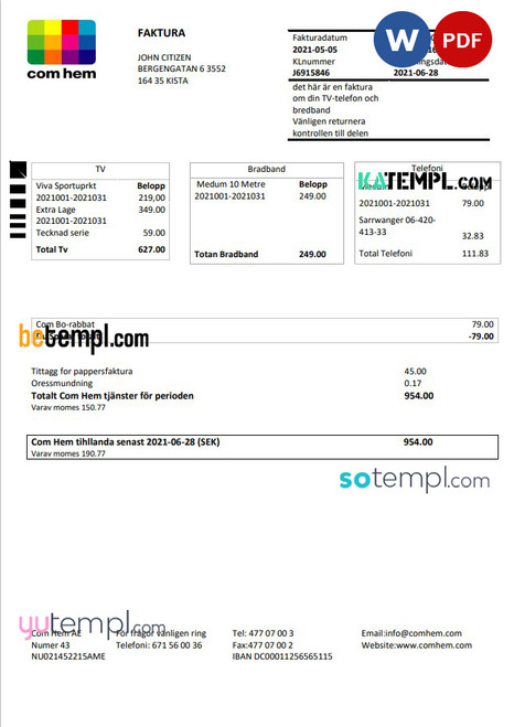 Sweden Com Hem utility bill template in Word and PDF format