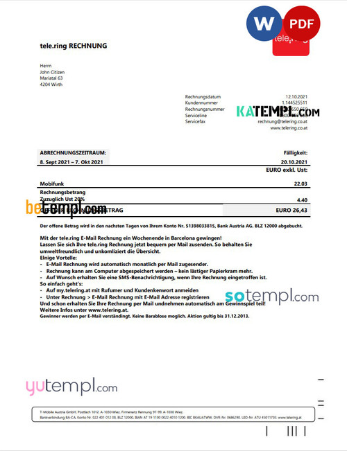 Sweden Tele Ring utility bill template in Word and PDF format