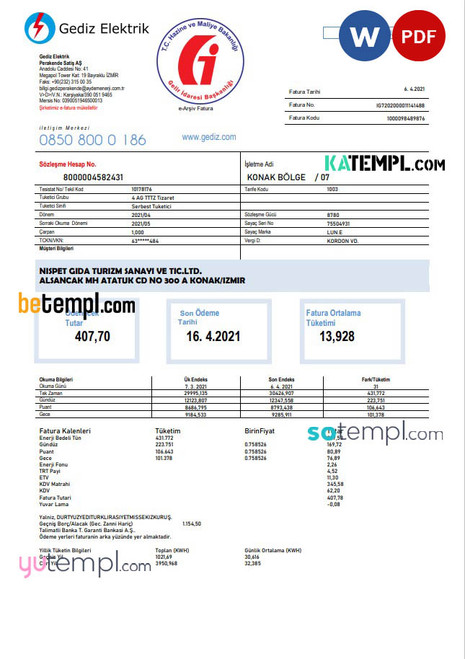 Turkey Gediz Elektrik utility bill template in Word and PDF format, fully editable