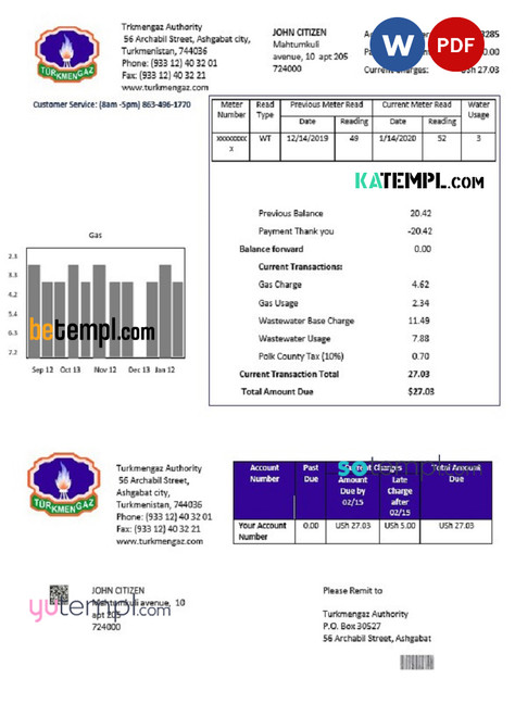 Turkmenistan Turkmengaz utility bill template in Word and PDF format