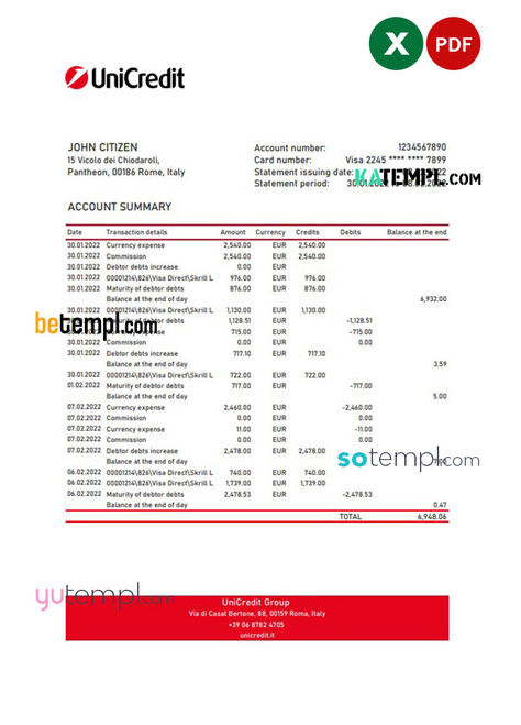 Italy Unicredit bank statement Excel and PDF template