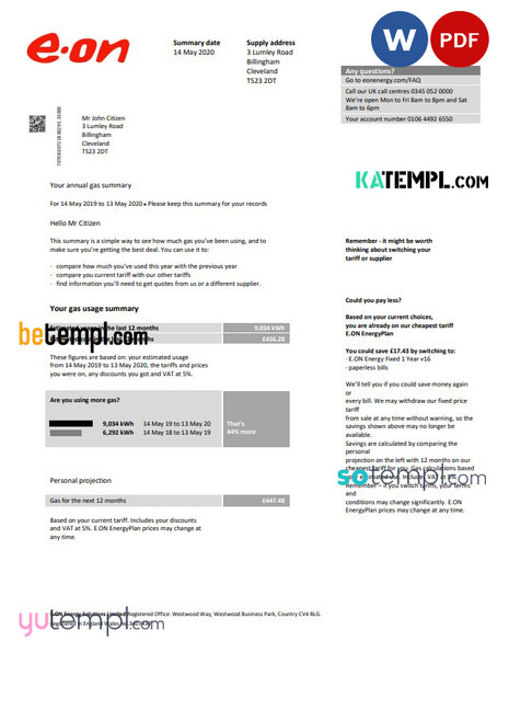 United Kingdom E.ON utility bill template in Word and PDF format