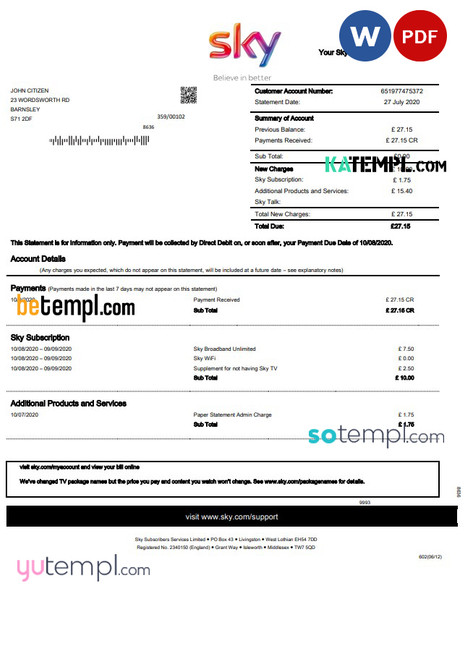 United Kingdom Sky utility bill statement template in Word and PDF format