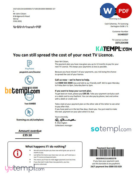 United Kingdom TV Licensing utility bill template in Word and PDF format