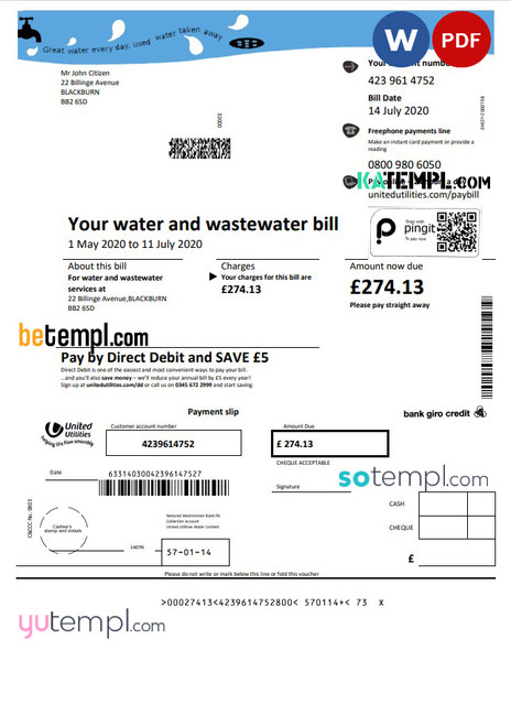 United Kingdom United Utilities water utility bill template in Word and PDF format