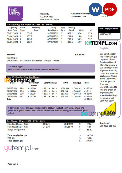 United Kingdom Warwick First Utility bill template in Word and PDF format