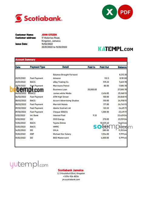 Jamaica Scotiabank bank statement Excel and PDF template