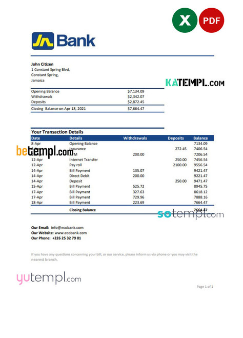 Jamaica National Bank statement easy to fill template in .xls and .pdf file format