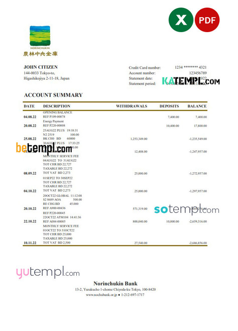 Japan Norinchukin bank statement Excel and PDF template