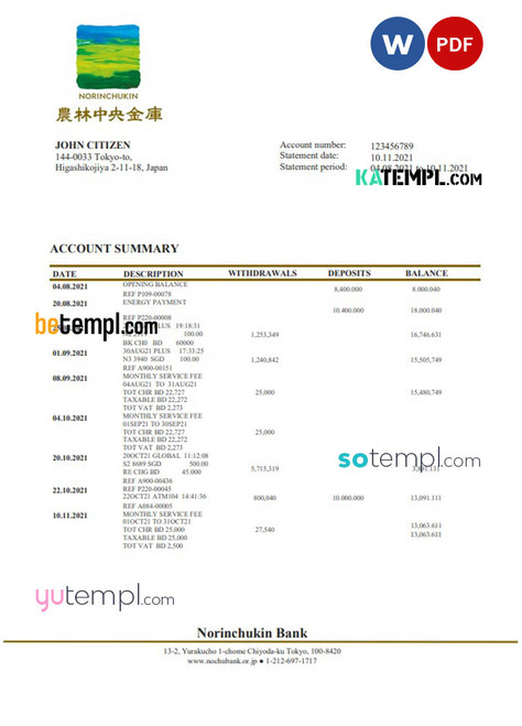 Japan Norinchukin Bank statement template in Word and PDF format