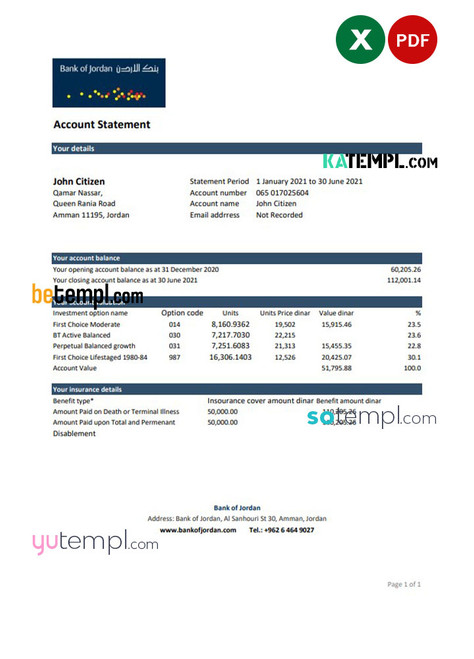 Jordan Bank of Jordan bank statement easy to fill template in .xls and .pdf file format
