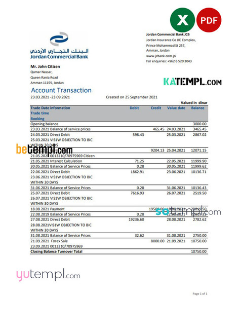 Jordan Commercial Bank JCB bank statement easy to fill template in .xls and .pdf file format