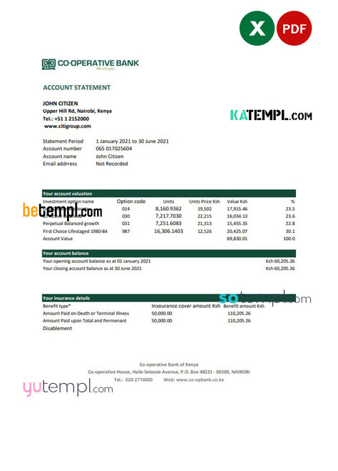 Kenya Co-operative Bank of Kenya bank statement easy to fill template in Excel and PDF format