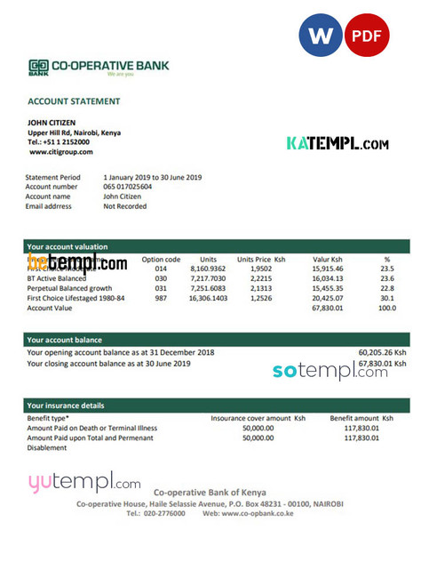 Kenya Co-Operative Bank proof of address statement template in Word and PDF format, .doc and .pdf format