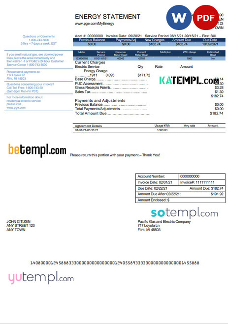 USA California PG&E (Pacific Gas and Electric Company) utility bill template in Word and PDF format