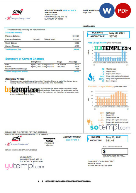 USA California San Diego Gas & Electric (SDG&E) utility bill template in Word and PDF format