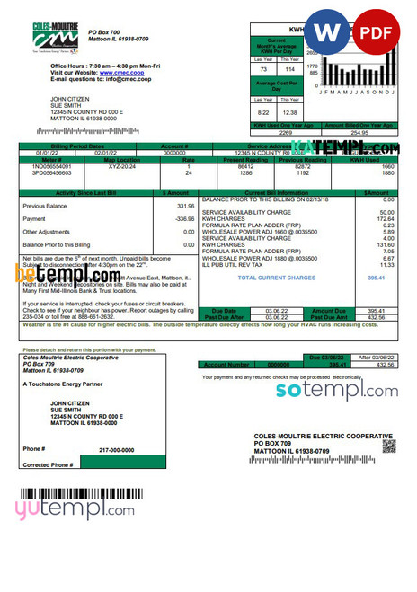 USA Coles – Moultrie utility bill template in Word and PDF format