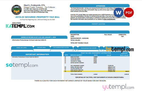 USA County of Orange California property tax bill template in Word and PDF format