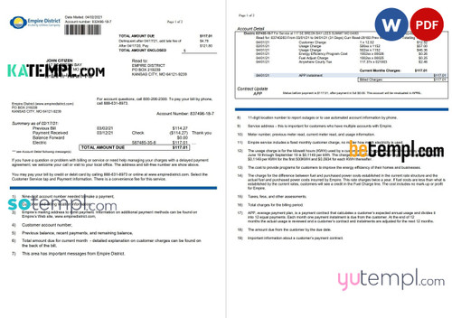 USA Empire District Electric Company utility bill template in Word and PDF format (2 pages)