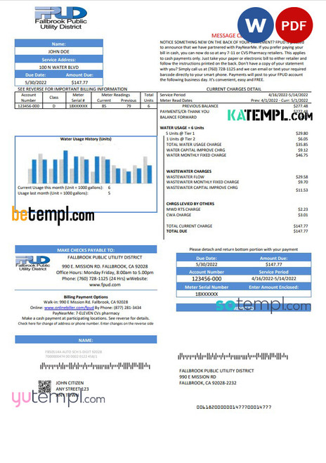 USA Fallbrook Public utility bill template in Word and PDF format