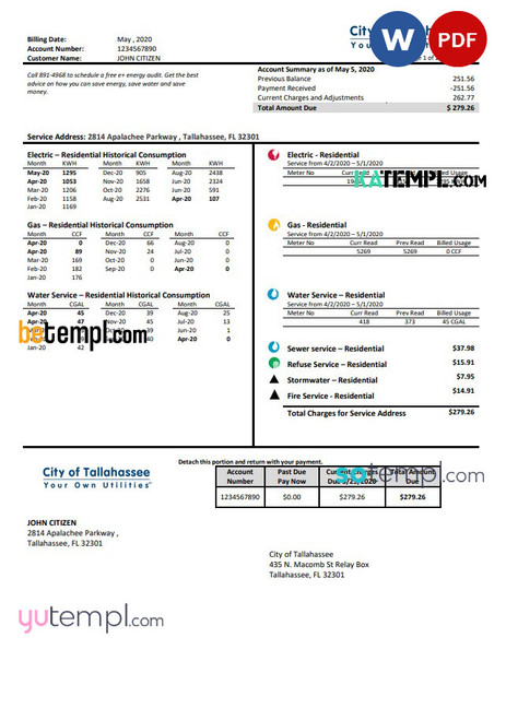 USA Florida City of Tallahassee Florida Your Own Utilities bill template in Word and PDF format
