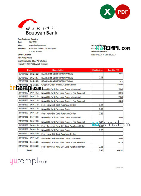 Kuwait Boubyan bank statement easy to fill template in .xls and .pdf file format
