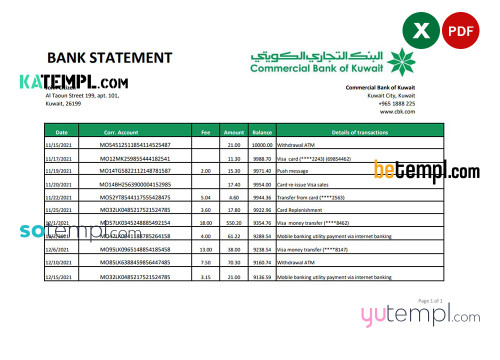 Kuwait Commercial Bank statement easy to fill template in .xls and .pdf file format