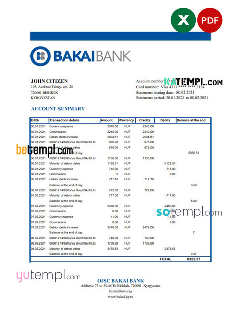 Kyrgyzstan OJSC Bakai Bank statement easy to fill template in Excel and PDF format