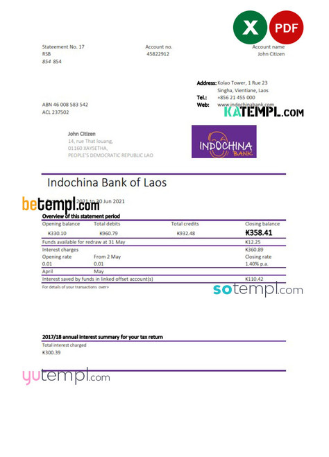 Laos Indochina Bank statement easy to fill template in Excel and PDF format