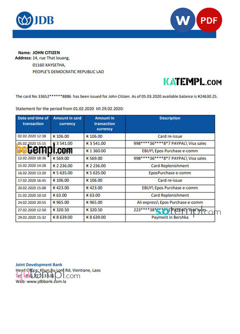 Laos Joint Development Bank (JDB) proof of address bank statement template in Word and PDF format