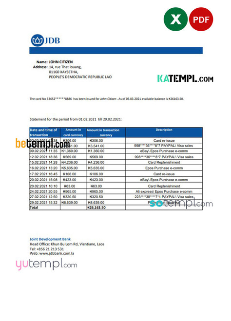 Laos Joint Development Bank (JDB) statement easy to fill template in .xls and .pdf file format