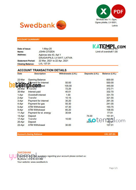 Latvia Swedbank bank statement easy to fill template in .xls and .pdf file format