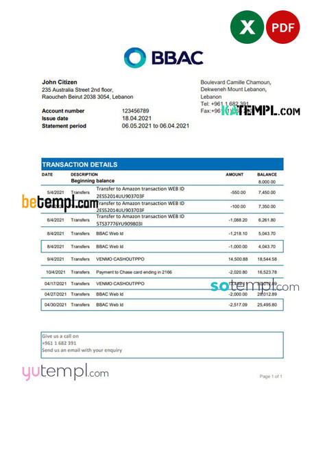 Lebanon BBAC Bank statement easy to fill template in .xls and .pdf file format