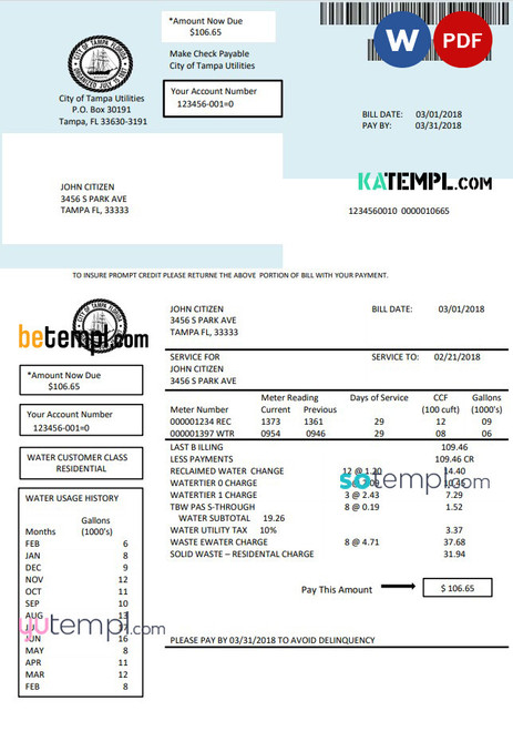 USA Florida water utility bill template in Word and PDF format