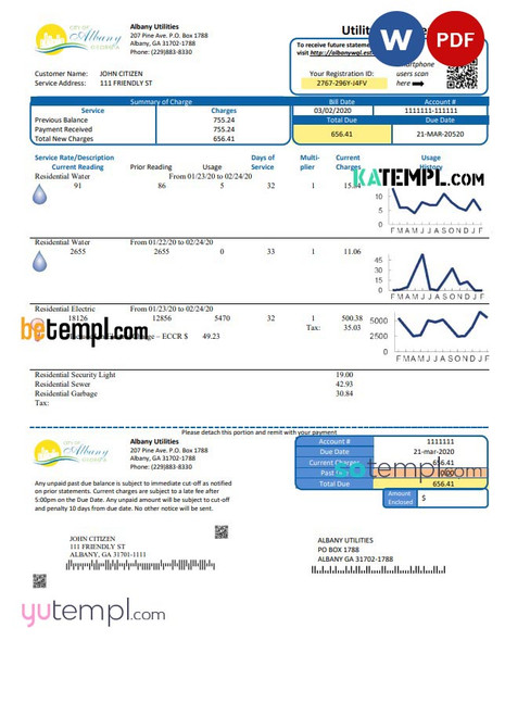 USA Georgia City of Albany water and electricity utility bill template in Word and PDF format