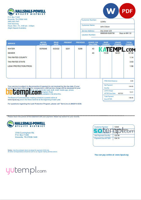 USA Hallsdale-Powell utility bill template in Word and PDF format