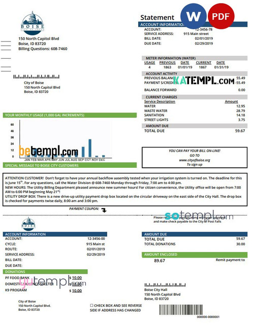 USA Idaho Boise City of Trees water utility bill template in Word and PDF format