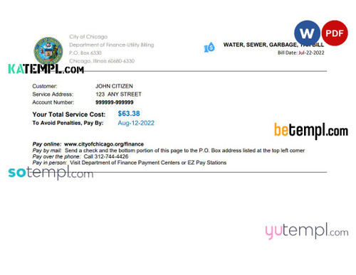 USA Illinois Chicago water, sewer, garbage, tax bill Word and PDF template