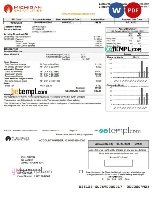 USA Michigan gas Utilities utility bill template in Word and PDF format