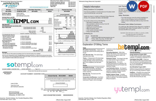 USA Minnesota Energy utility bill, Word and PDF template, 2 pages