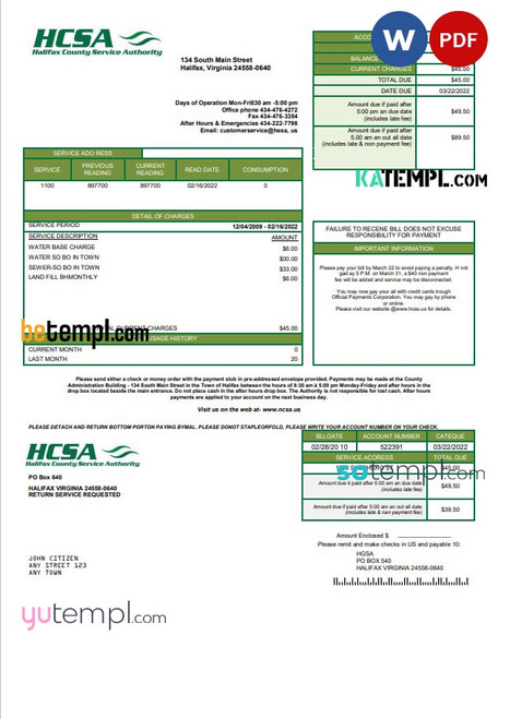 USA Virginia HCSA utility bill template in Word and PDF format