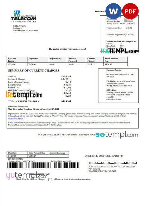 USA Waitsfield Telecom utility bill template in Word and PDF format