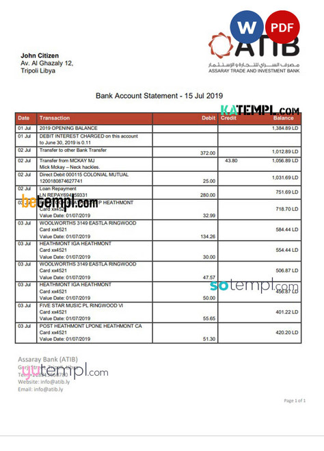 Libya Assaray (ATIB) bank statement easy to fill template in Word and PDF format