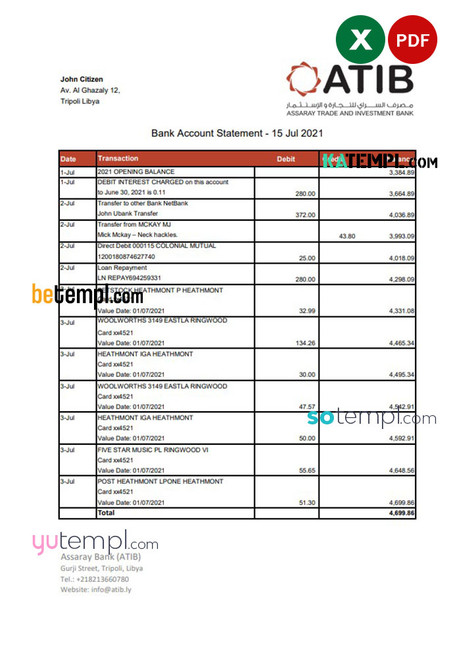 Libya Assaray Bank (ATIB) statement easy to fill template in Excel and PDF format