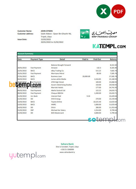 Libya Sahara Bank statement Excel and PDF template