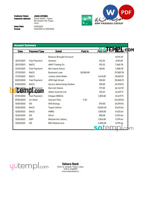 Libya Sahara Bank statement template in Word and PDF format