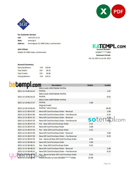 Liechtenstein LGT bank statement Excel and PDF template